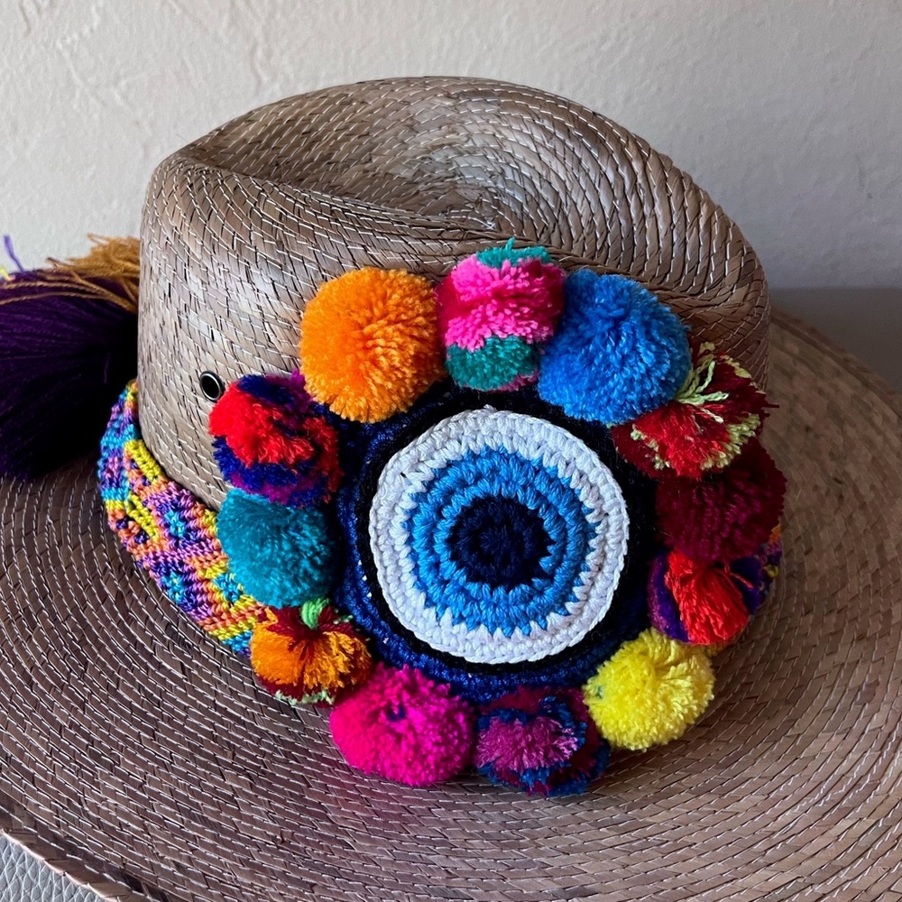 Vibrant Fun In the Sun Multicolor Pom Pom Evil Eye Protection Sunhat Beach Hat - Picture 3 of 8